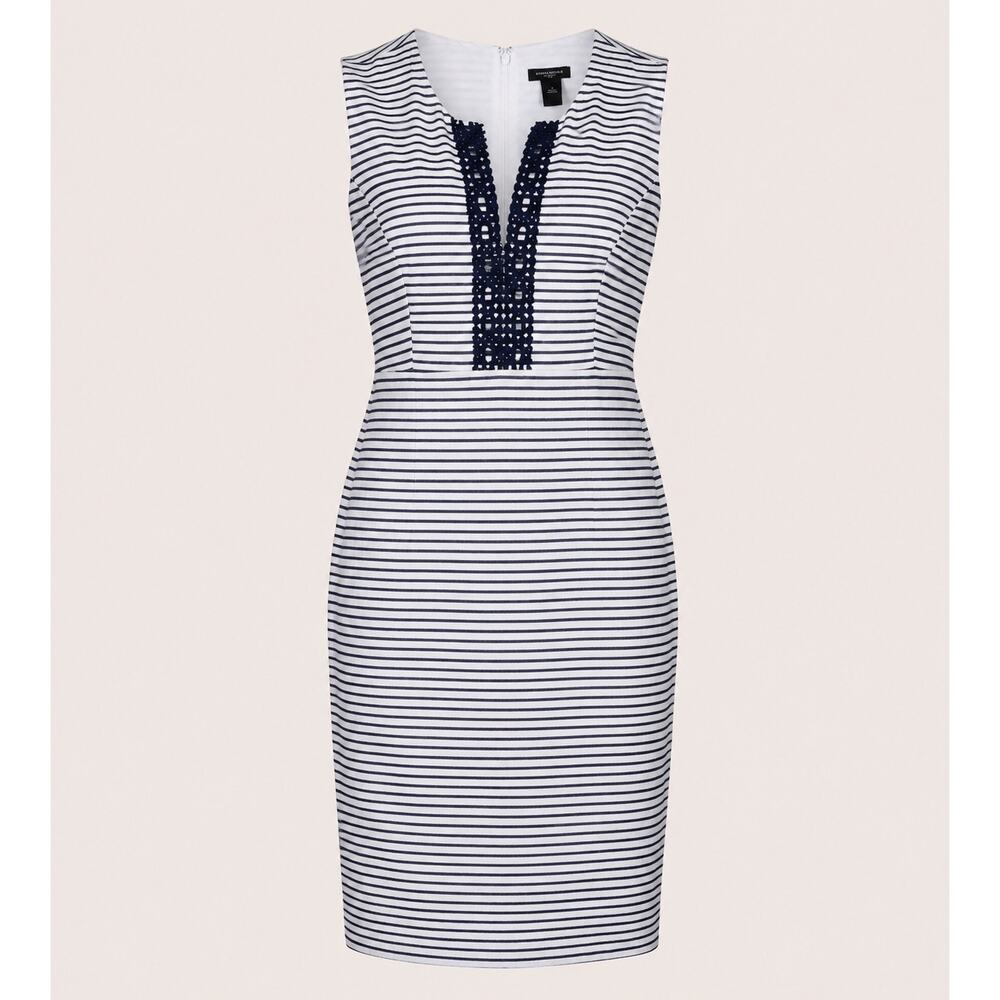 Nautical Blue and White Striped Sheath Dress with Crochet Embellishment Size 14